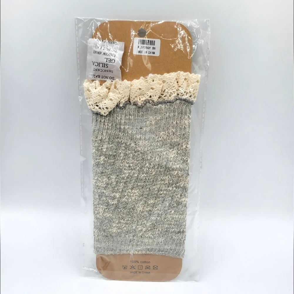 Girly Knit Lace Trim Boot Topper Boot Cuff Gray